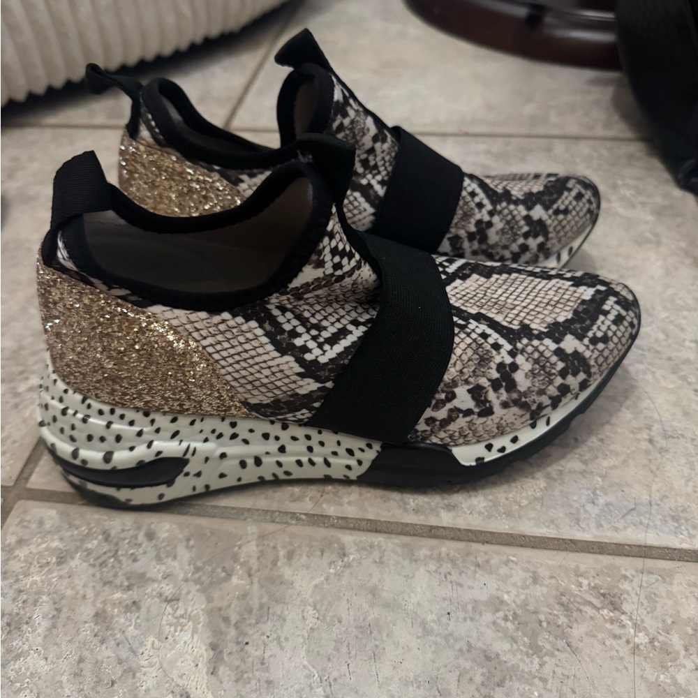 Steve Madden Snakeskin and Glitter Gold Sneakers